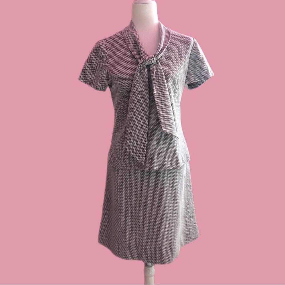 Vintage Short Sleeve Top and Skirt Set Brown and White Print Size S/M